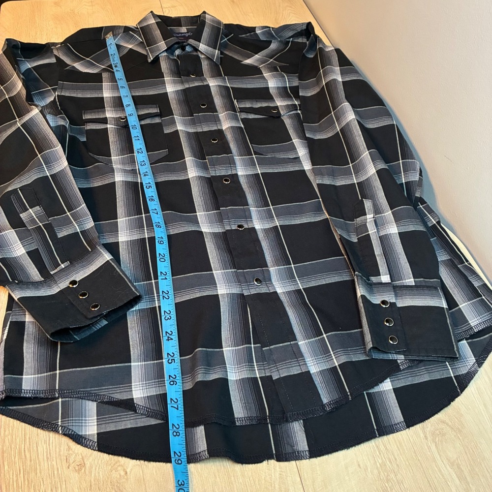 Wrangler Mens Black Grey Plaid Western Snap Shirt X-Long Tails 16-35 Medium - Picture 3 of 5